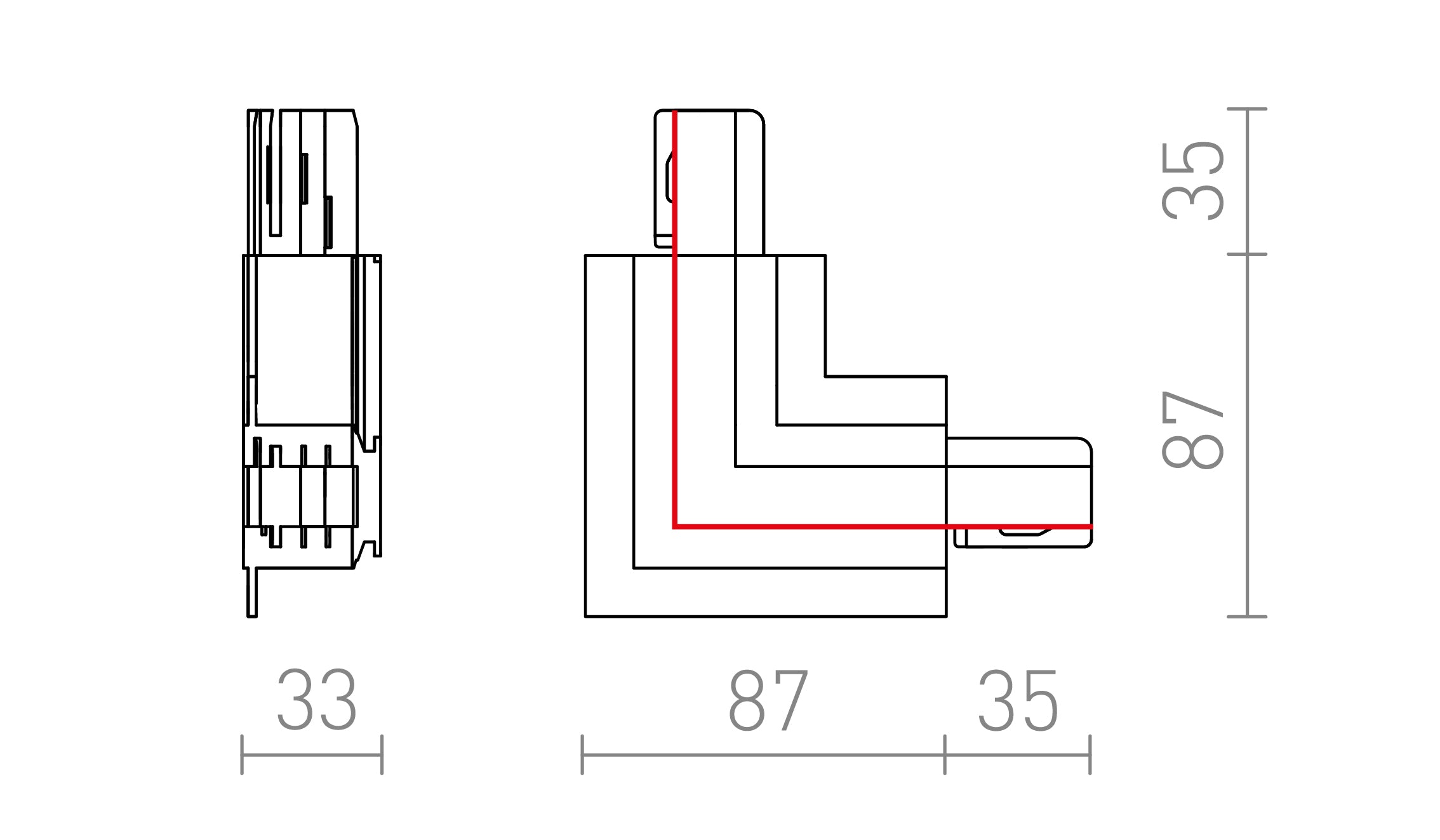 EUTRAC L-CONNECTOR FOR RECESSED TRACKS (OUTER POLARITY) - Product sketch