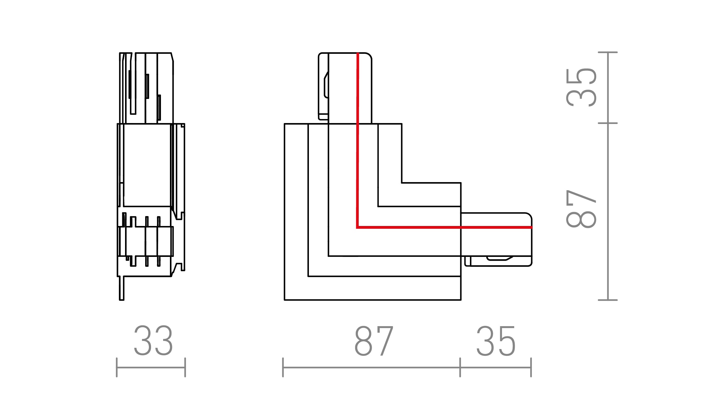 EUTRAC L-CONNECTOR FOR RECESSED TRACKS (INNER POLARITY) - Product sketch